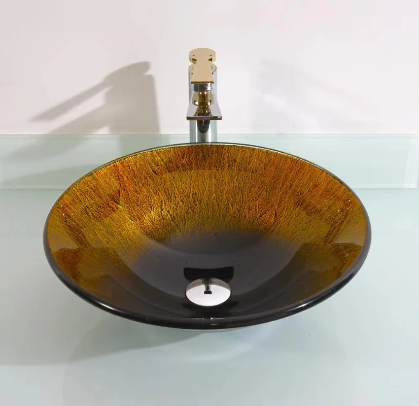 Colorful Glass Vessel Sinks Tempered Glass Bathroom Basin Inlay Gold Foil Handicraft Wash Basin for Hotel or Home Use