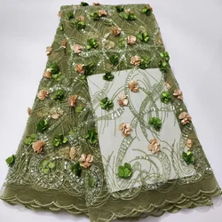 Green 3D Flowers French Lace Fabric With Handmade Beads 2024 High Quality Sequins Beaded African Tulle Net Lace Fabric KWH23110