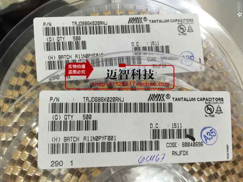 

20-500pcs TAJD686K020RNJ 7343 20V 68UF D type 20V68D SMD tantalum capacitor printed 686D original spot