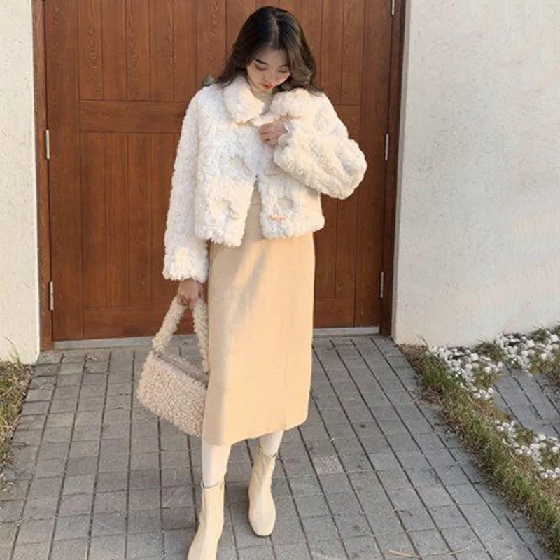 Xpqbb Korean Fashion Lamb Wool Jacket Women Autumn Winter Thicken Warm Short Faux Fur Coat Ladies Chic Horn Button Plush Outwear