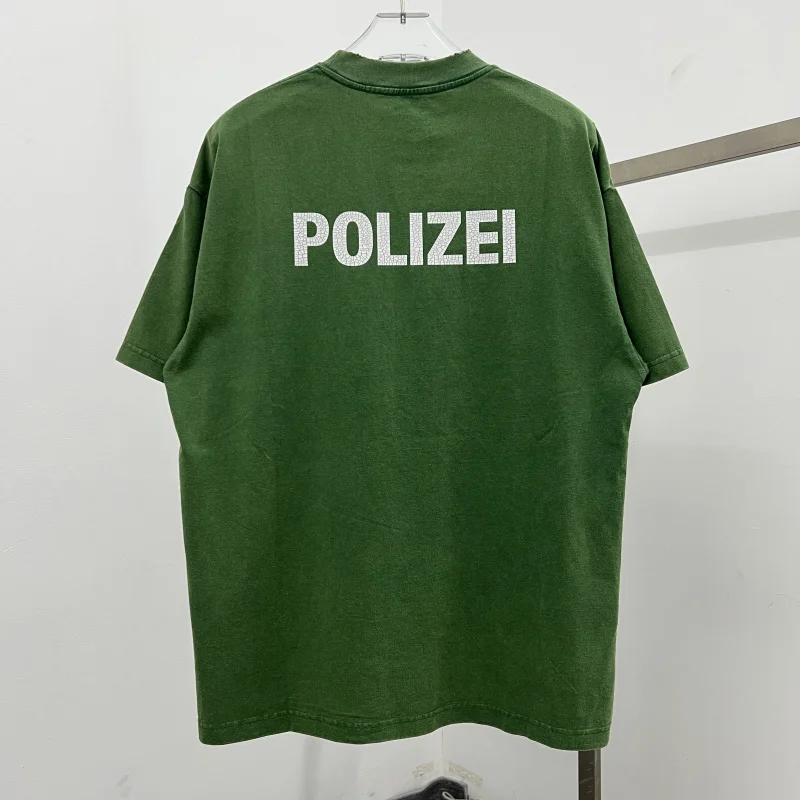 2024 Crack Letter Logo Print POLIZEI T Shirt Men Women High Quality Vintage Washed Green Gray Kanye T-Shirt Broken Damage Tee