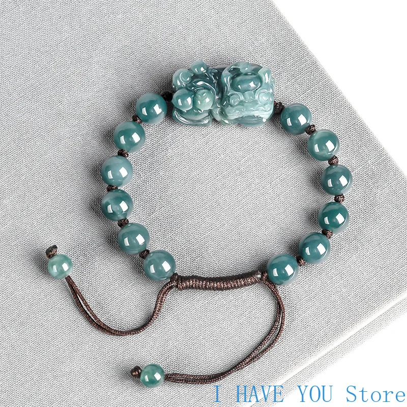 

High Grade Natural A-grade Jadeite Bracelet Blue Water Pixiu Bracelet Hand Woven Fortune Attracting Ice Type Jade for Women