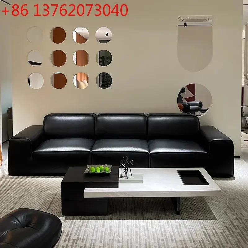 

Italian minimalist living room big black cow leather sofa first layer cowhide straight row