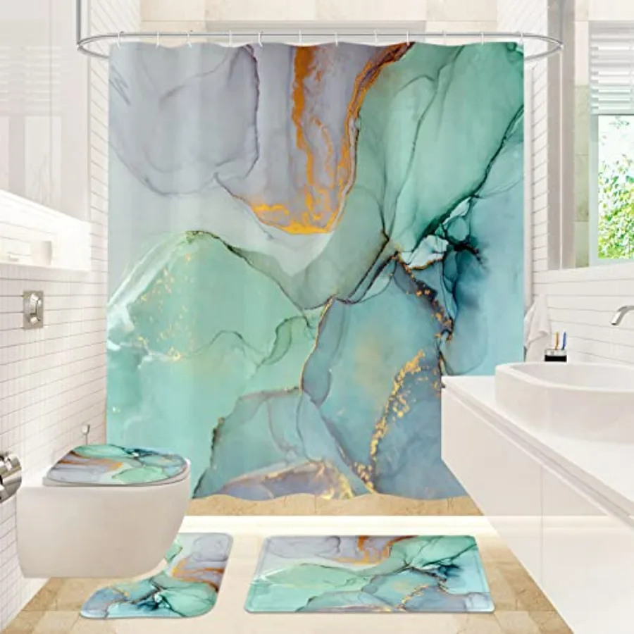 

Набор для ванной из 4 предметов: шторка для душа, нескользящие коврики, накладка на крышку унитаза и коврик для ванной, декор в стиле зеленого мрамора, с аксессуарами