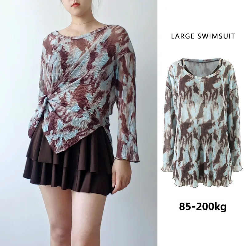 

Новый комплект бикини с высокой талией и длинным рукавом, пляжная накидка, купальник больших размеров для женщин, стройнящий эффект, до 200 кг