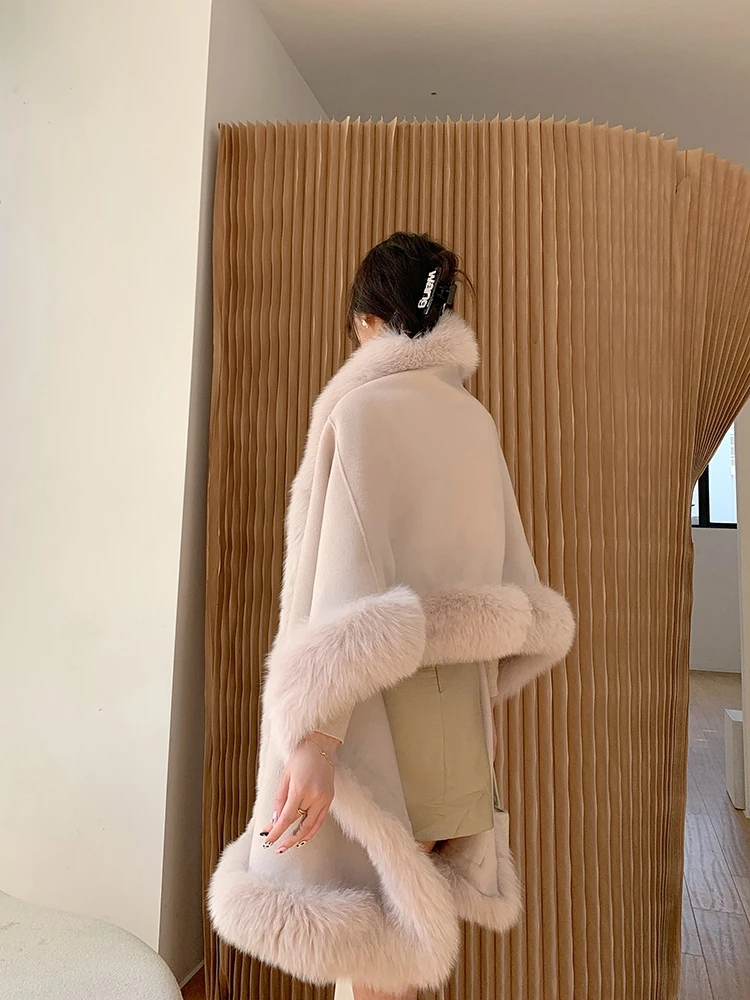 الفاخرة النساء الخريف الدافئة 100% شال صوف مع حقيقية الثعلب الفراء تقليم الشتاء طويل الباشمينا سميكة المعطف يلتف Fashoin الرأس #4