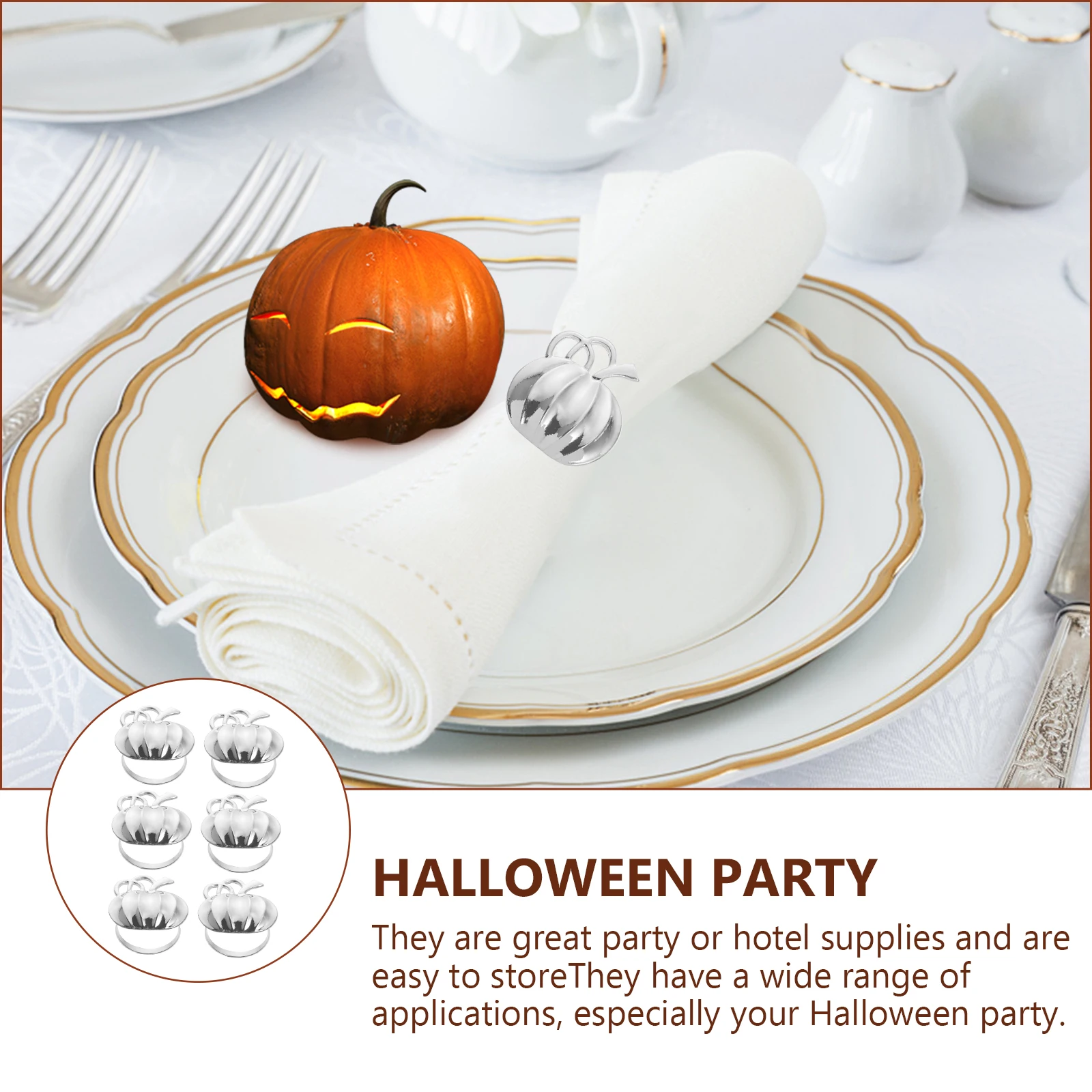 

6pcs Halloween Pumpkin Napkin Buckles Creative Napkin Holder For Party Home Decoration Silver Fastening Tableware