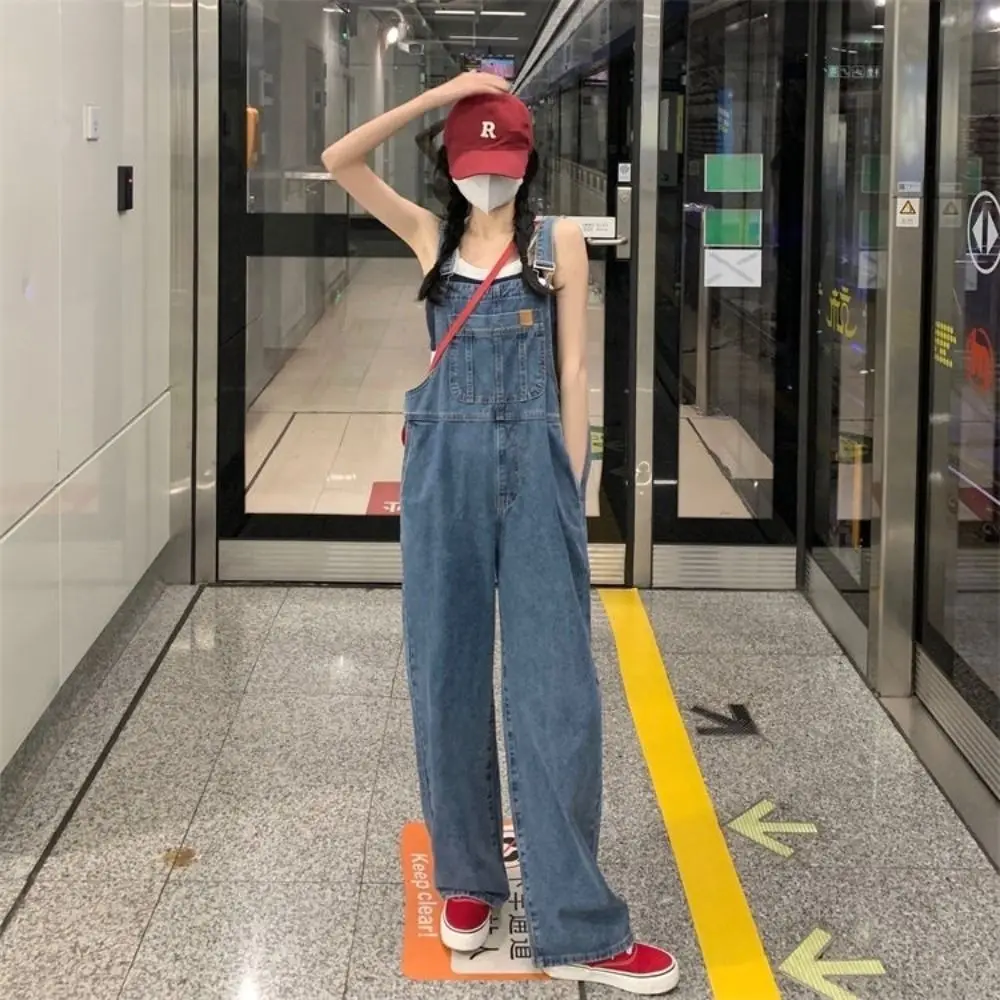 Celana panjang Jeans gaya Korea, jumpsuit Jeans pinggang tinggi tali lurus kaki lebar, celana panjang Jeans kasual longgar