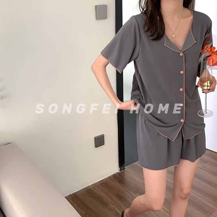 Pigiama a maniche corte estate donna versione coreana cardigan sottile bottone con risvolto semplice e confortevole seta ghiaccio Cool Fairy Home