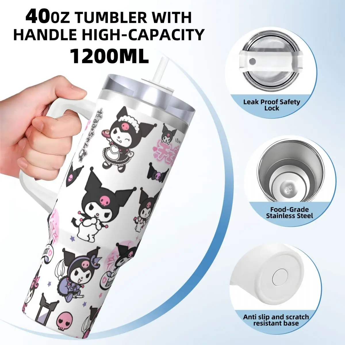 Kawaii Sanrio Kuromi Japanese Stainless Steel Tumbler Japan Cute Cartoon Thermal Cups With Straws and Lid Car Mugs Water Bottle