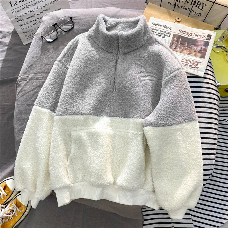 Winter Warm Fleece Sweatshirts Women Casual Patchwork Embroidered Half Zipper Hoodies Harajuku Baseball Oversized Pullovers Tops