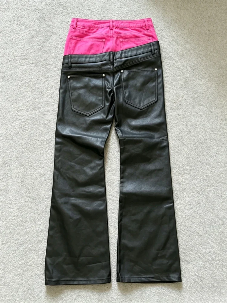 Y2K Punk Leather Bootcut Jeans Asymmetry Double Waist Twotone Construction Denim Pants Gothic Chic Streetwear Unisex Baggy Jeans