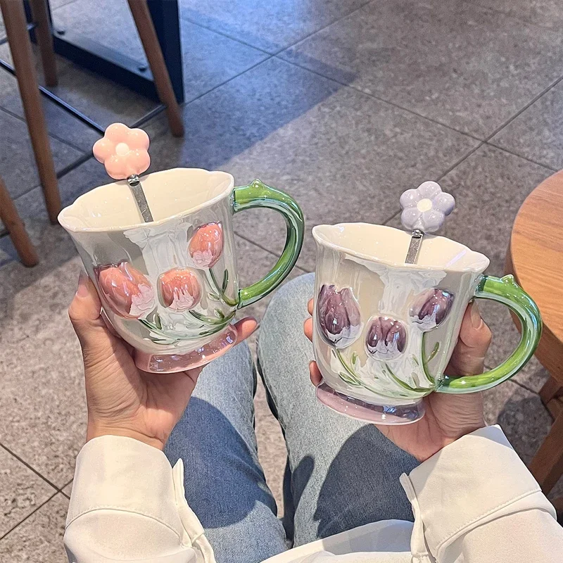 Creative Pearl Color Tulip Pattern Water Cup, Ceramic Household Office Items, Porcelain Bring A Spoon Mug, Coffee Milk Cups, 1Pc