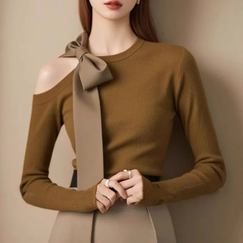 

French Off-the-shoulder Bow Knitted Sweater Women's Niche Design Sense Long Sleeved Shirt Crew Neck Pullover Top