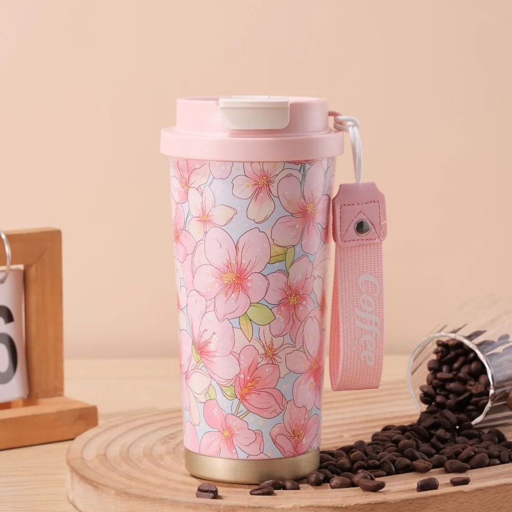 

Cute Stainless Steel Flower Thermos Mug 500ml Capacity Leak-Proof Vacuum Flask with Straw Insulated Water Bottle Gym