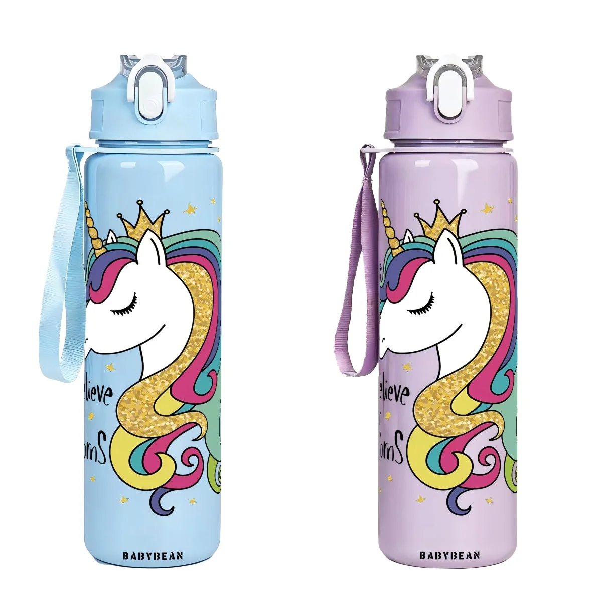 750ML Crown Horse Print Plastic Water Bottle For Girls Leakproof Flip Lid Portable Travel School Drinking Cup With Carry Lanyard