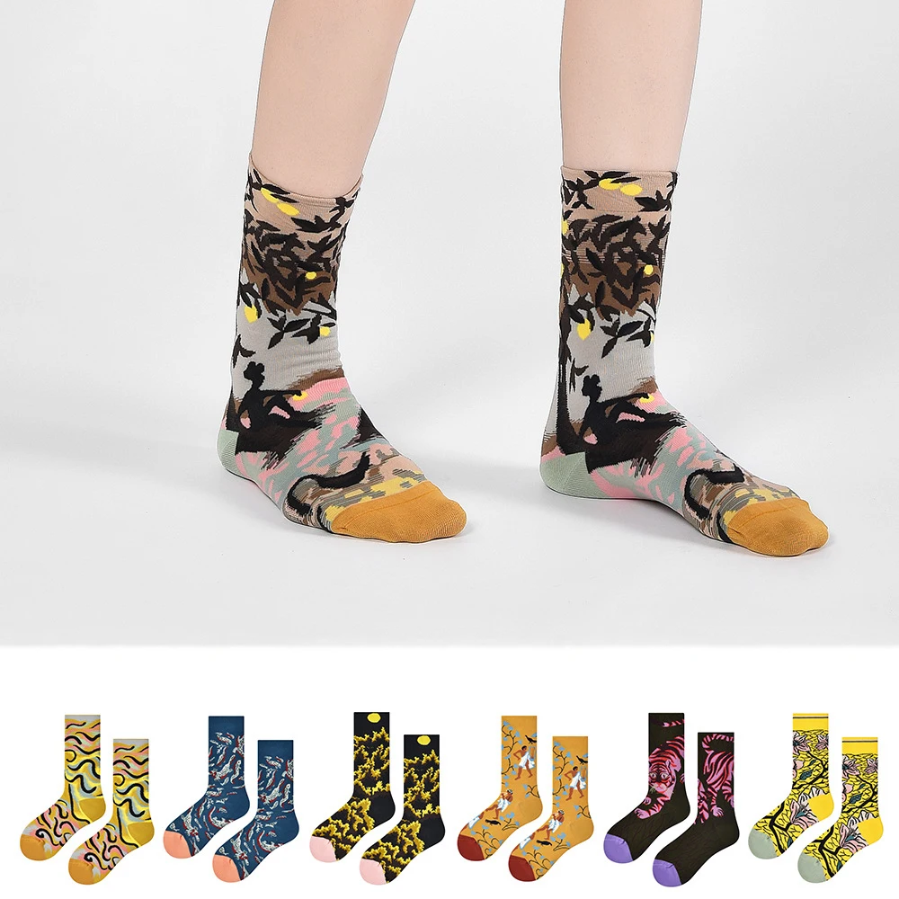 

Новые забавные носки во французском стиле с картиной маслом в стиле ретро, красочные счастливые до середины икры, художественные нишевые женские носки, хлопковое мужское нижнее белье