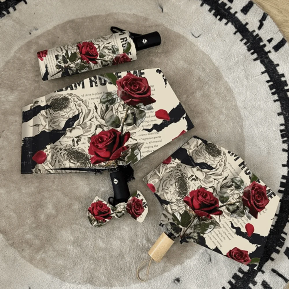 

Автоматический зонт с розовым узором, усиленная рама, портативный складной зонт, легкий трехскладной солнцезащитный зонт