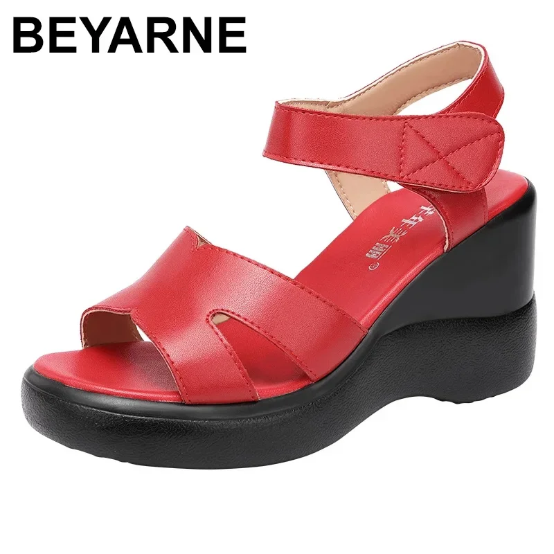 BEYARNE Wedges Heel 8cm High Heel Sandals Ladies  Summer New Platform Large Model Catwalk Red Sandals Size 32-43