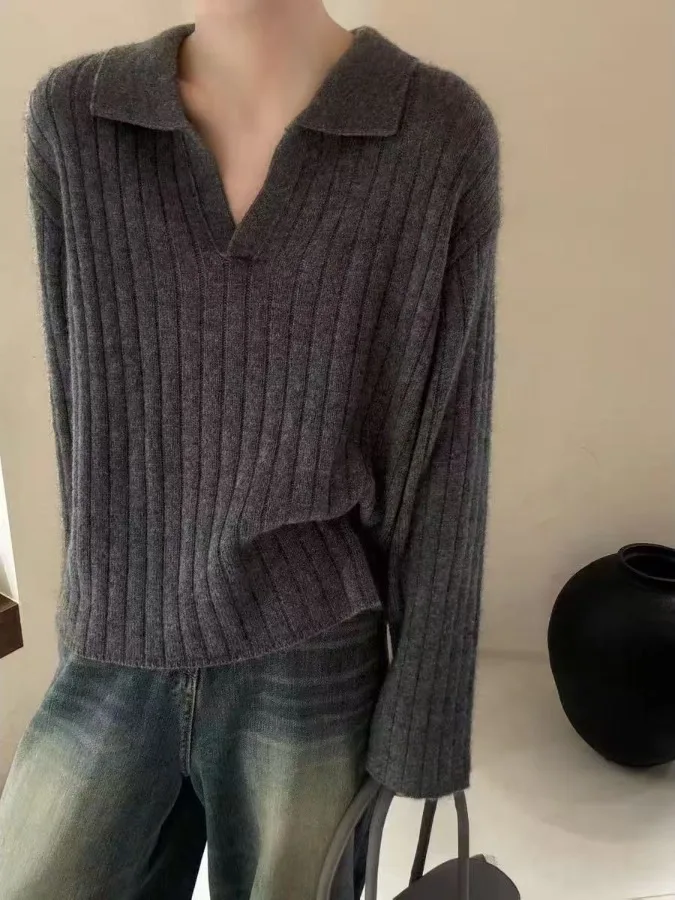 

Свободный вязаный свитер с воротником, женский весенне-осенний новый свитер с отложным воротником, верхний базовый топ