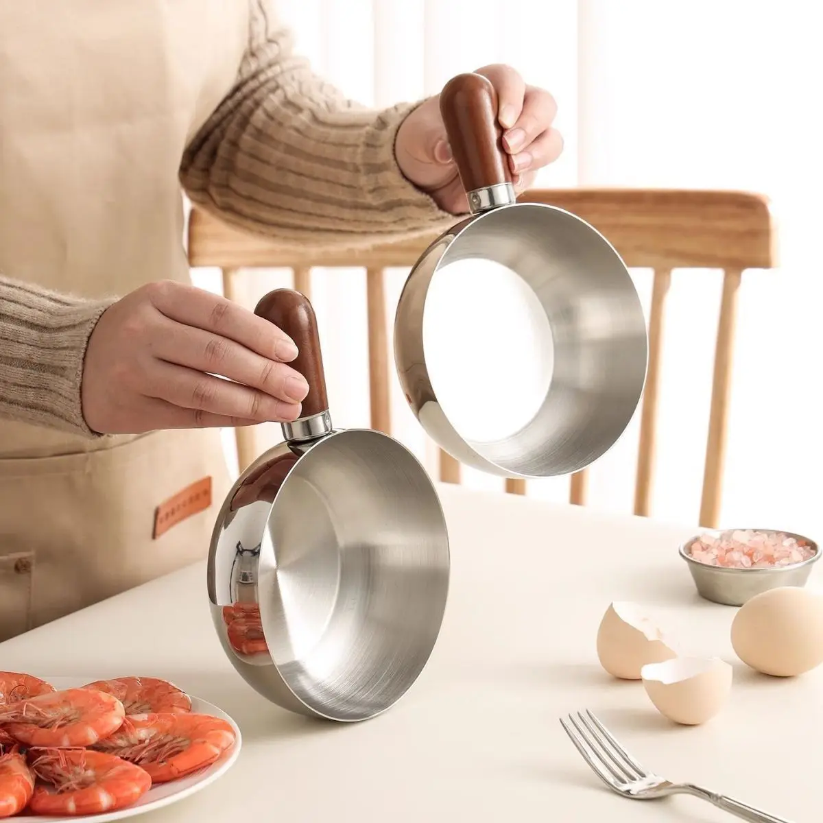 Olla para Fideos Instantáneos de acero inoxidable, olla pequeña para comer para una persona, olla para cocinar aperitivos con mango de madera, olla para leche de comida complementaria para bebé