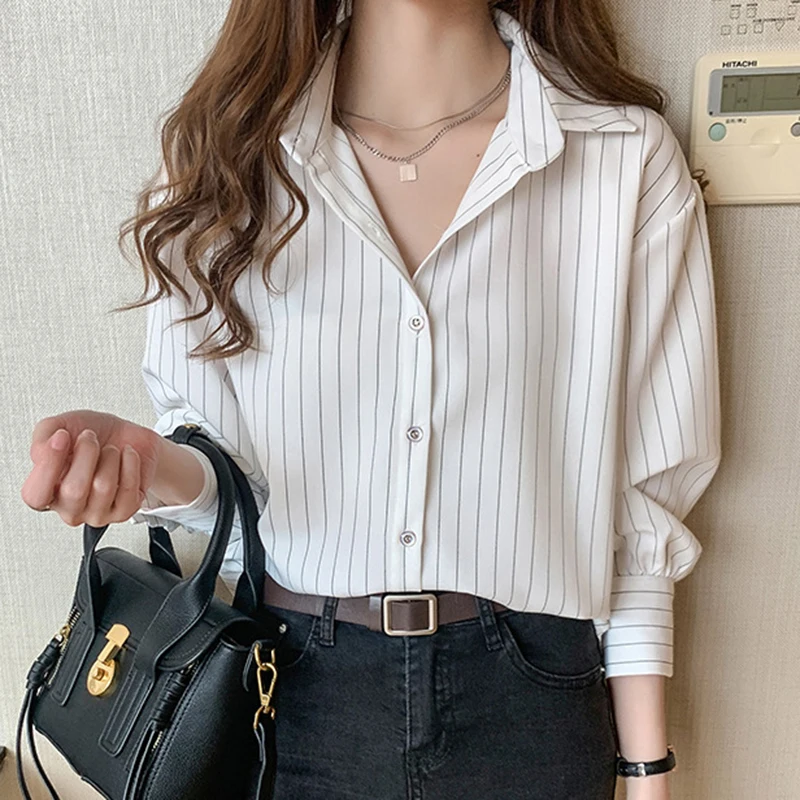 

Korean White Striped Office Shirts Women 2026 Elegant Button Up Long Sleebe Blouse Woman Spring Autumn Turn Down Collar Shirt