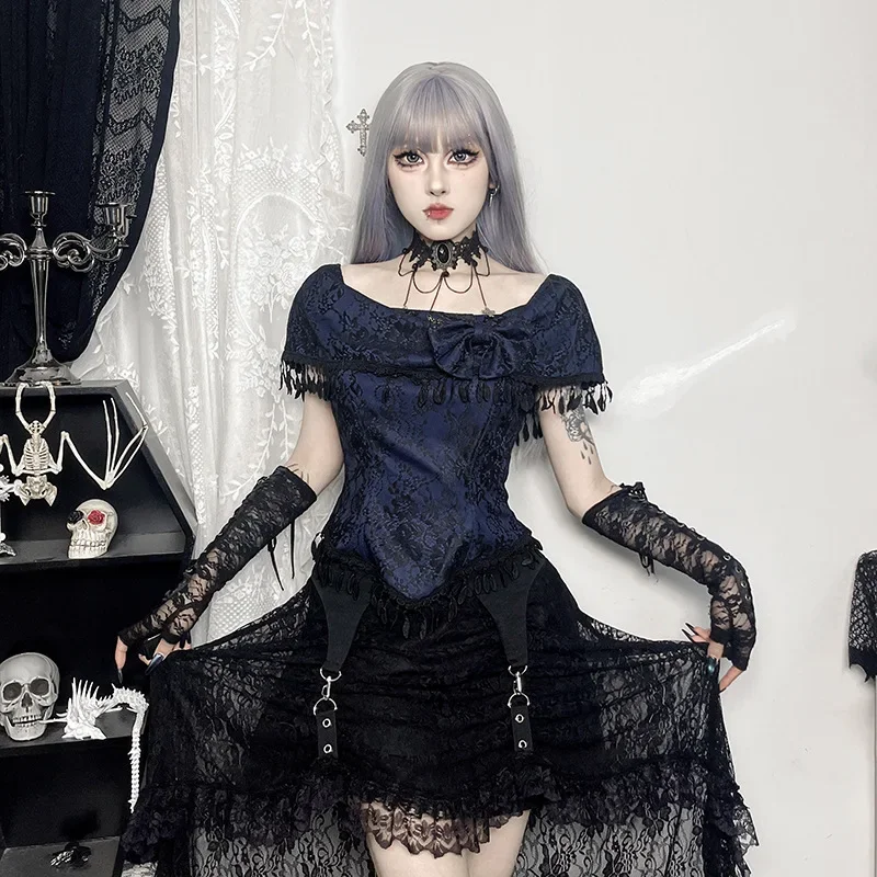 Elegant Fashion Tassels Off Shoulder Crop Tops 90s Grunge Bow Lace Print T-shirts Gothic Techwear Cyber Y2K Outfits