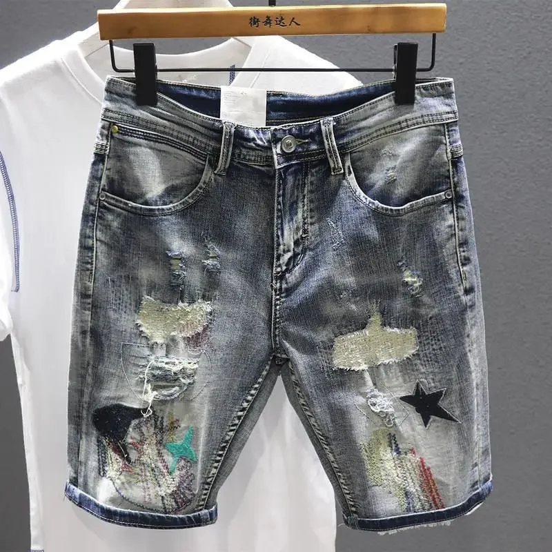 Men\'s Short Jeans Pants Ripped Multi Color Embroidery Male Denim Shorts Luxury Harajuku Original Jorts Blue Designer Popular Emo