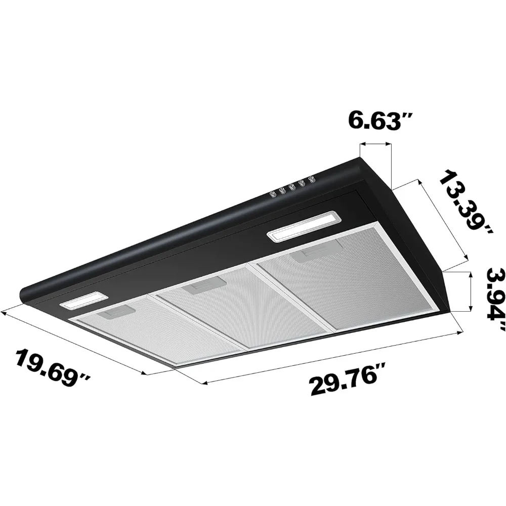 주방용 블랙 레인지 후드, 지문 방지 디자인, 3 단 배기 선풍기, 캐비닛 아래 덕트리스 레인지 후드 벤트, 30 인치