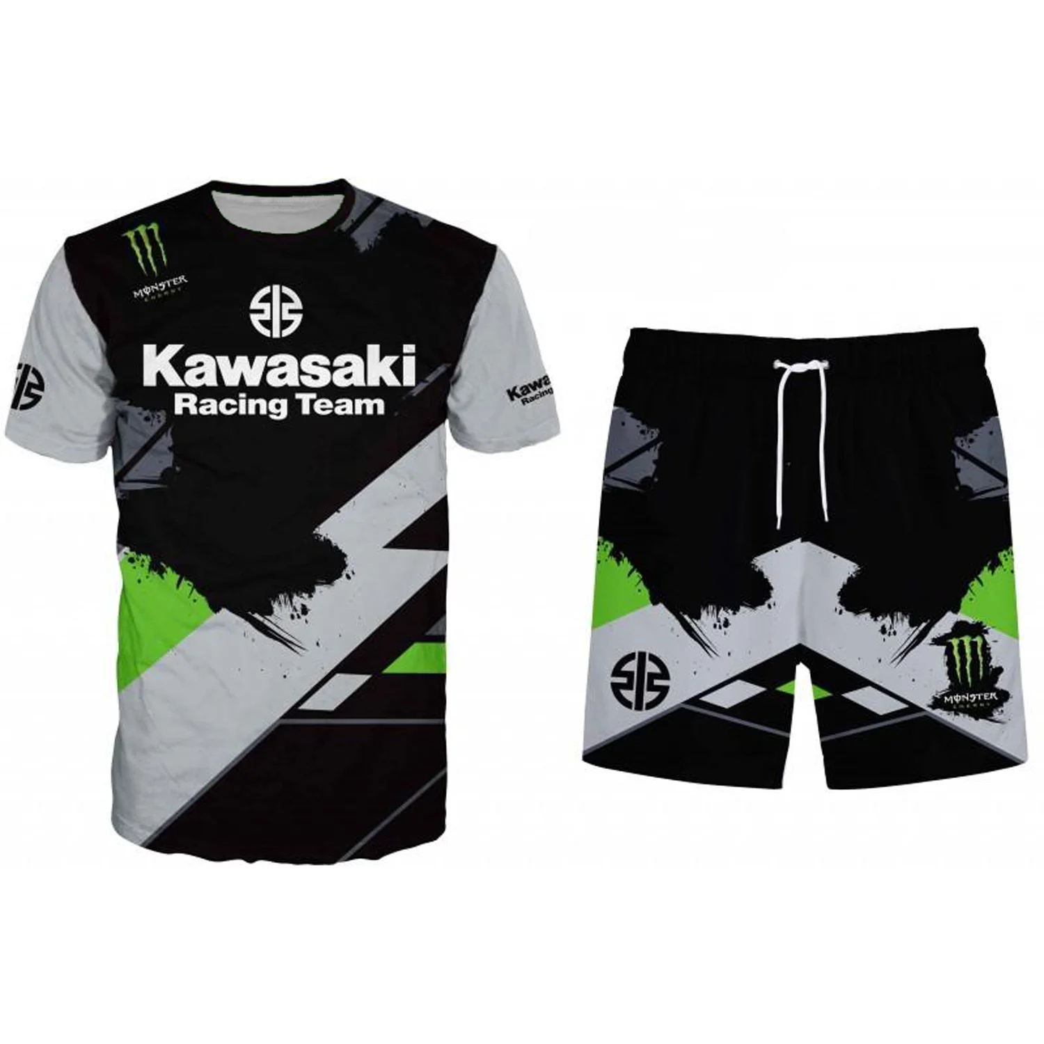 

Kawasaki Racing Team 3D T-Shirt and Shorts Kit Newest Outdoor Jersey Summer Classic Tee Adults Loose Exercise Motorcycle Set