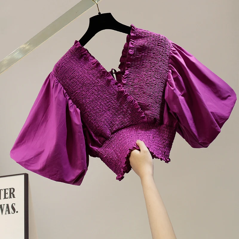 

Sweet Sle Bubble Sve Elastic Waist ort Sve Top Double V-Ne Slimming Design Cute irt Polyester Cotton Blend