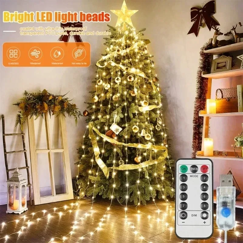 8 Modes Remote Control Star Waterfall String Lights 2M 200LED USB Powered Lamp Indoor Outdoor Christmas Scene Decoration