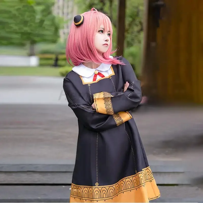 Anime spy X family Anya forger cosplay costume kids adults black dress Kawaii girls women dress pink wig party role play outfits