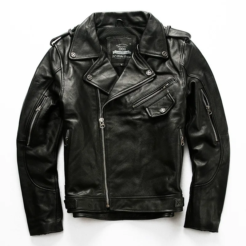 

Lapel diagonal zipper motorcycle cowhide men's leather