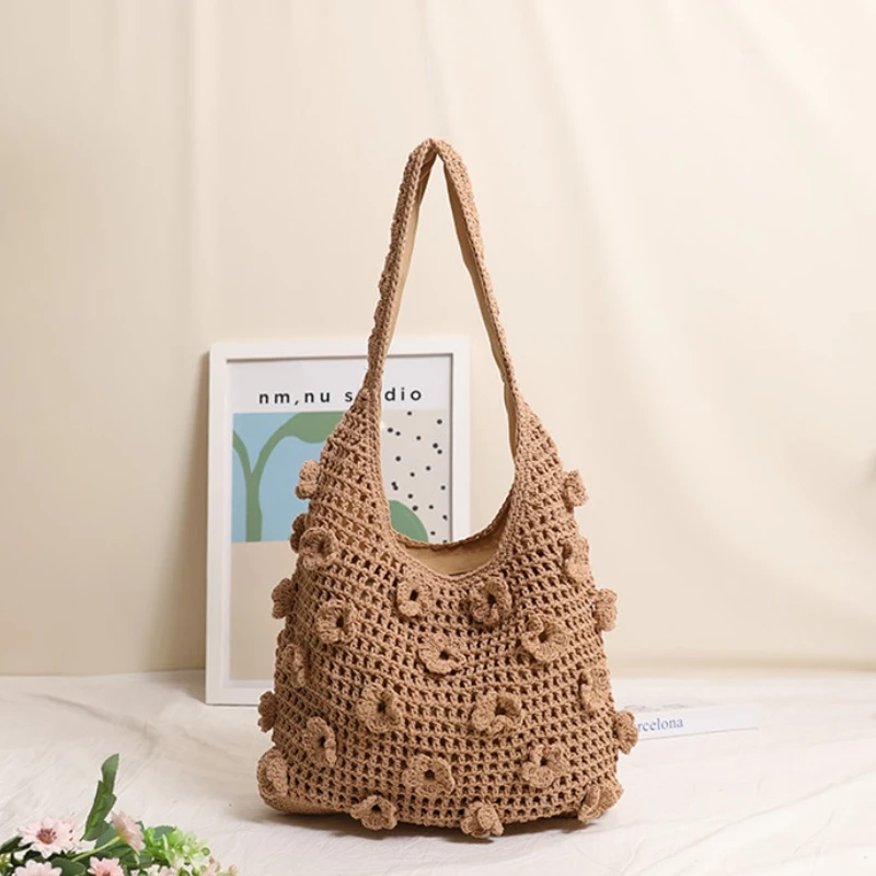 

Модная хлопковая сумка-тоут с цветочным узором, плетеная из ниток, на одно плечо, повседневная, вместительная, ажурная, для пляжного отдыха/пляжа