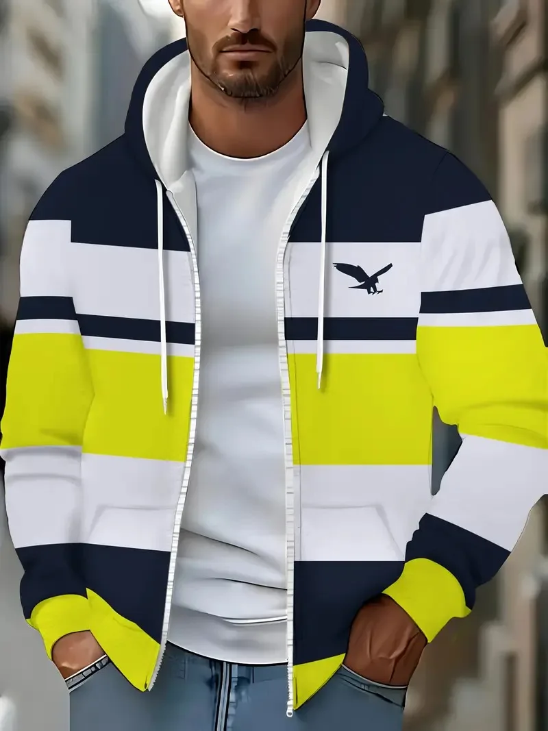 남성용 스트라이프 블랙 앤 화이트 그레이 라인 프린트 지퍼 후드 캐주얼 가을 겨울 아웃도어 재킷 y2k 지퍼 남성용 스웨트셔츠