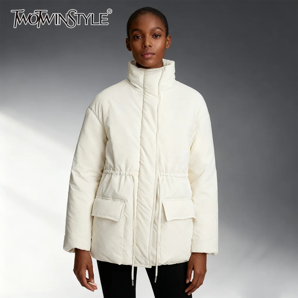 

TWOTWINSTYLE Solid Loose Spliced Pockets Fashion Parkas for Women High Neck Long Sleeves Tunic Patchwork Lace Up Parks Female