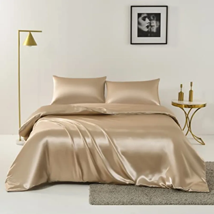 

3 PCS Champagne Satin Silky Duvet Cover Size Silk Like Satin Bedding Duvet Cover Set Super Soft Durable Duvet Cover, 2xPillowca