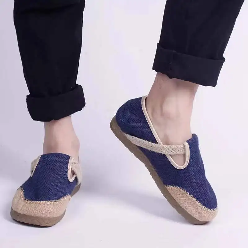 

Мужские туфли ручной работы из травяного плетения с хлопково-льняной мягкой подошвой, дышащие, в повседневном ретро-стиле, для молодежи и мужчин среднего возраста, на плоской подошве, из полиуретана.