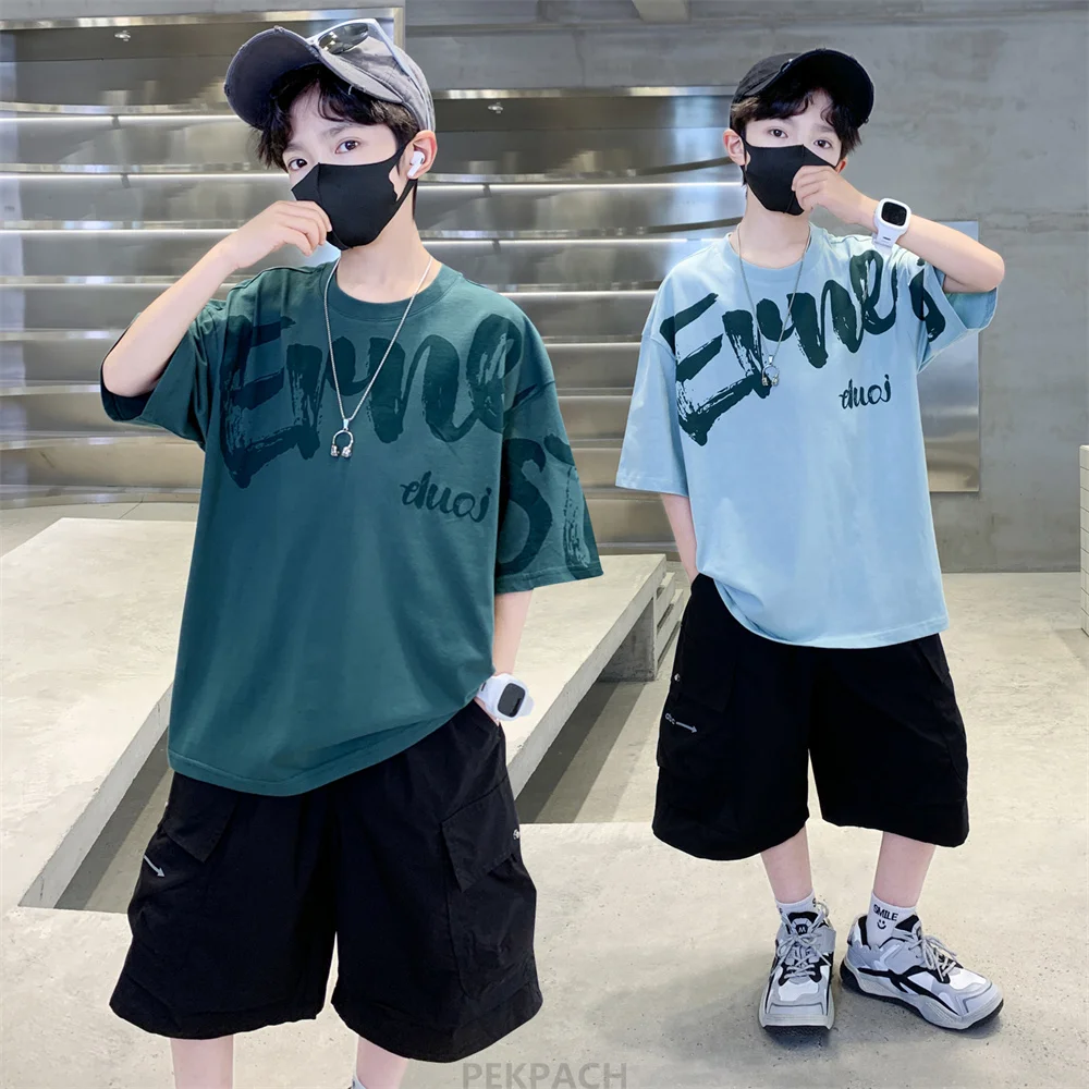

Fashion Street Style Kids Children's Summer Top And Bottom 2 Pieces Clothing Set for Teenager Boys Letter T-shirt Shorts Suit