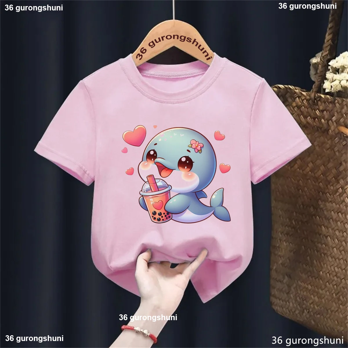 Dolphins Love Milk Tea Printed T Shirt Girls/Boys Funny Kawaii Kids Clothes Fashion Short Sleeve Tshirt White/Pink/Blue T-Shirt