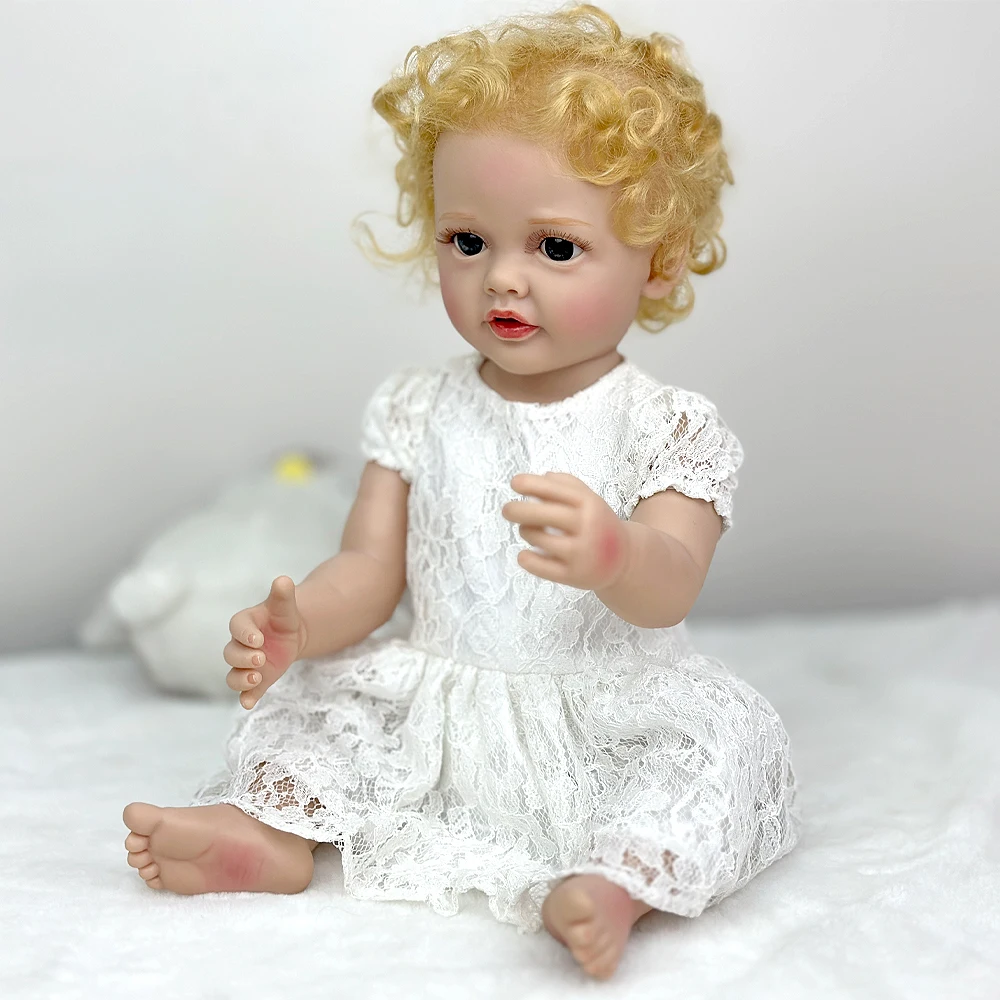 Muñeca Reborn de vinilo de 22", edición rara, pelo rubio rizado, vestido de princesa blanco, ojos azules, regalo de festival y juego de rol para niños
