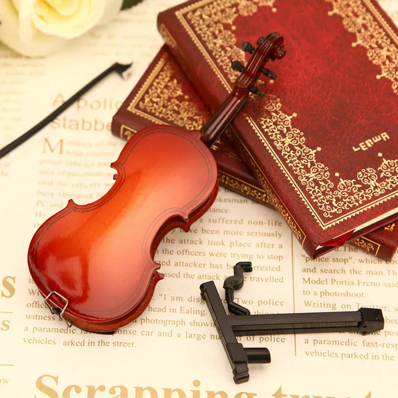 Handmade Wooden Musical Instruments Collection Decorative Ornaments Mini Violin With Support Miniature Model Decoration Gifts