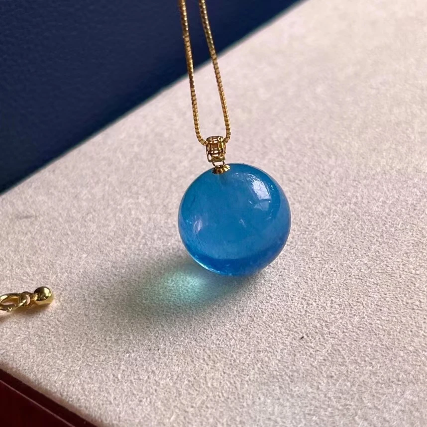 Natural Blue Aquamarine Quartz Pendant 16.7mm Brazil Round Sphere Jewelry 18K Gold Deep Blue Aquamarine Necklace AAAAA