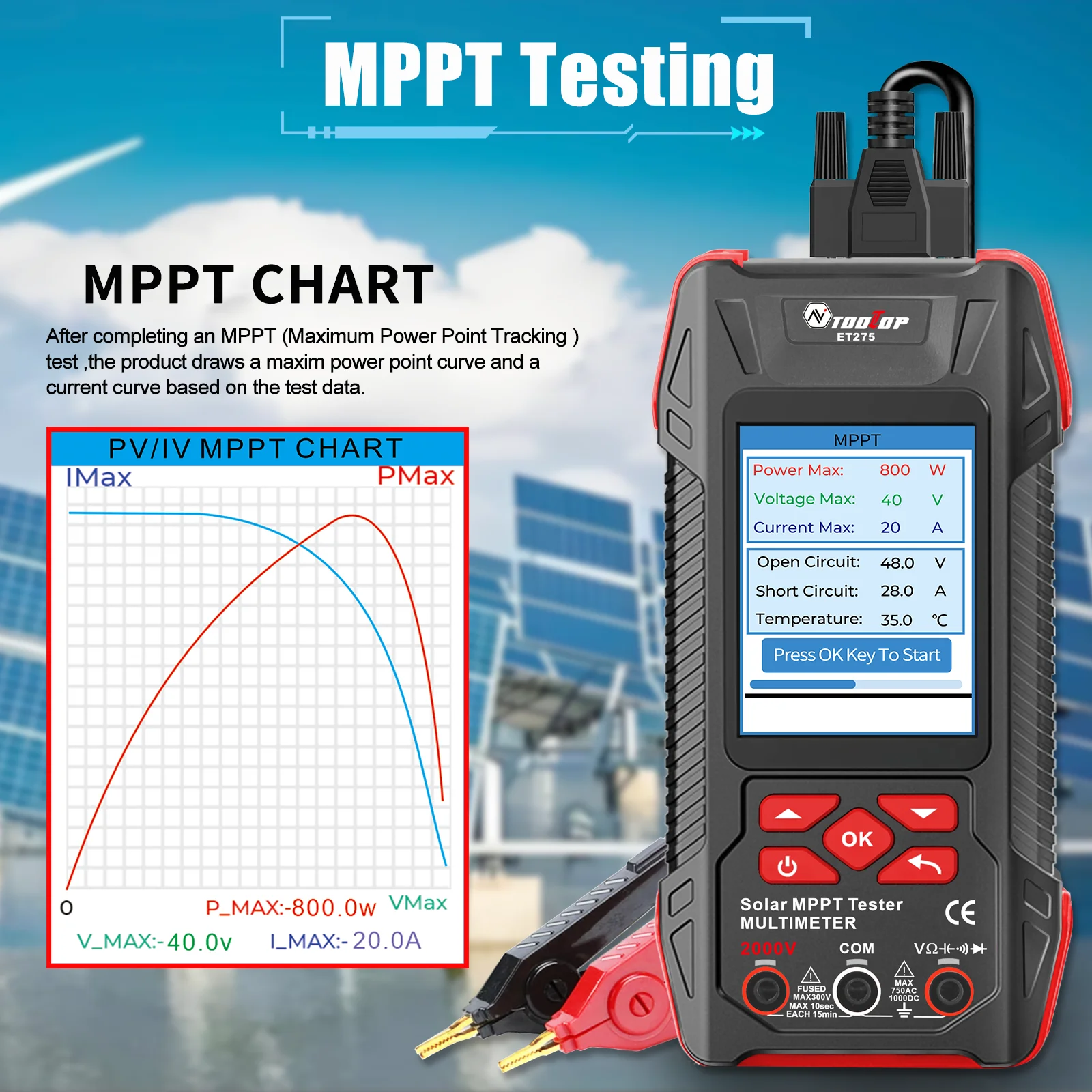TOOLTOP New 2000W Solar MPPT Power Tester 3.2 Inches 2KV60000 Counts Multimeter Photovoltaic Solar Power Meter Two models choose