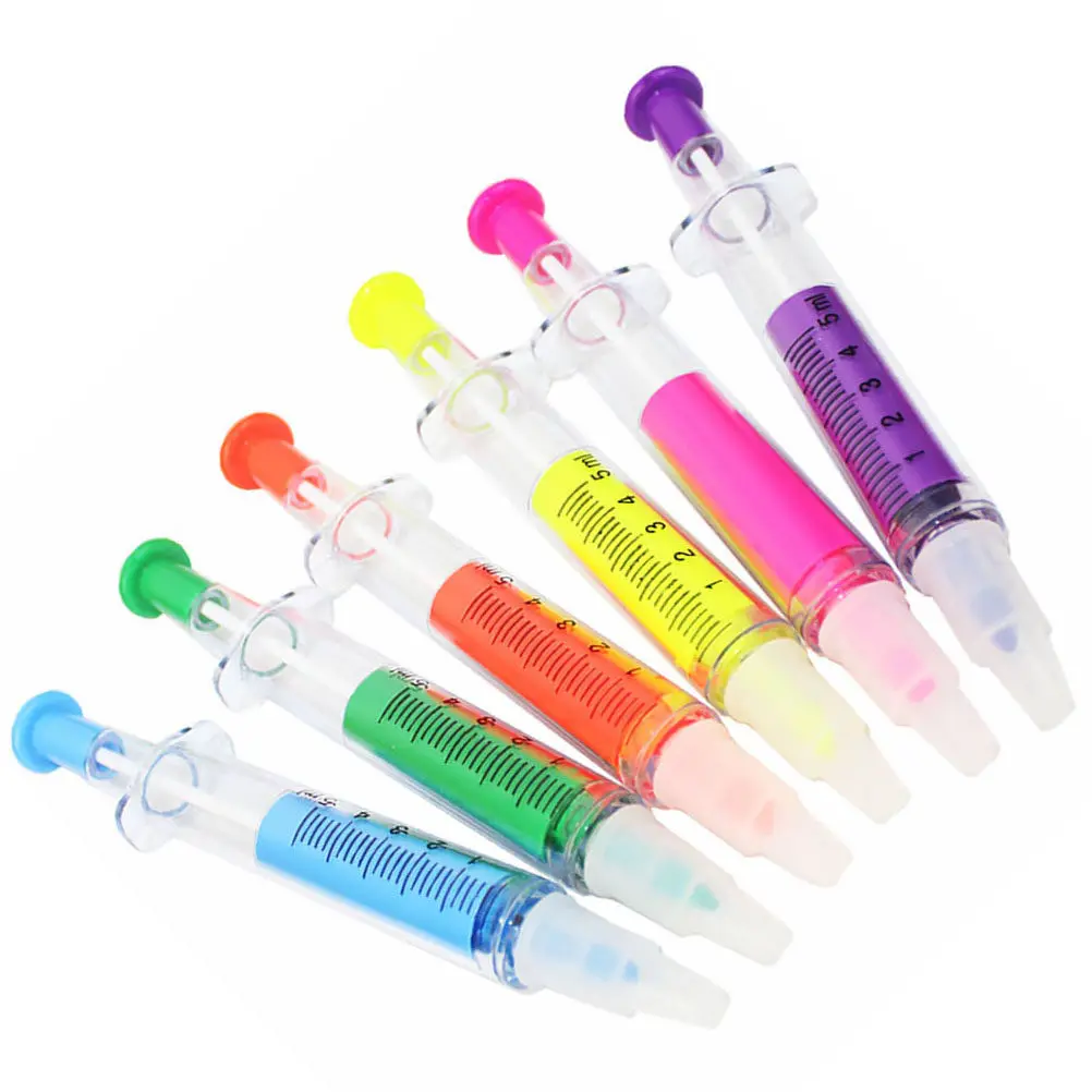 

6Pcs Two in One Highlighter Pen Syringe Design Vibrant Colors Quick Drying Writing Highlighter Marker Pens Student School