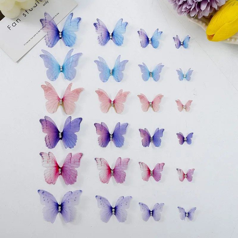 100pcs Gradient Color Organza Fabric Butterfly Appliques 30mm Translucent Chiffon Butterfly For Party Decor, Doll Embellishment