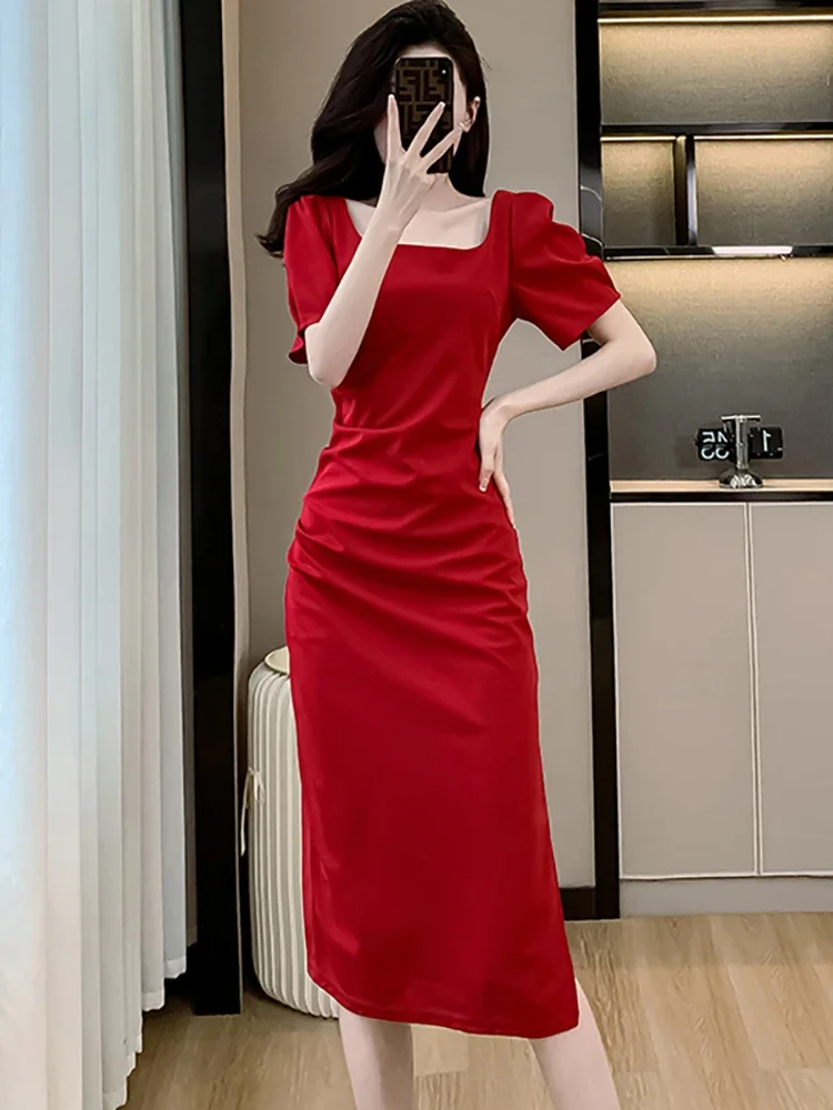 2025 여름 우아한 바디콘 베스티도 한국 빈티지 이브닝 드레스 레드 반팔 스퀘어 넥 럭셔리 웨딩 드레스 여성용
