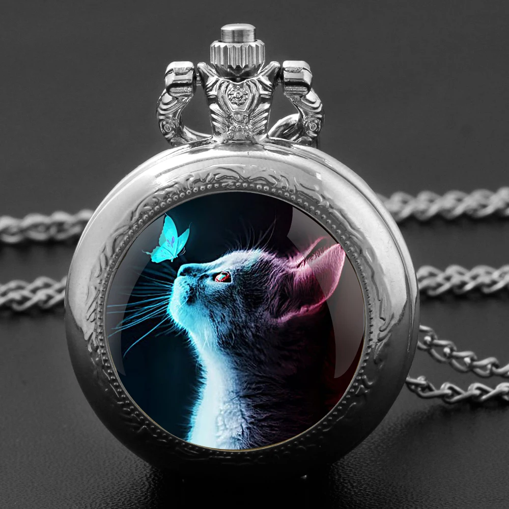 Exquisite Cat Butterfly Pattern Quartz Pocket Watch with Necklace Pendant World-Time Feature, Analog Display for Women Men Kids