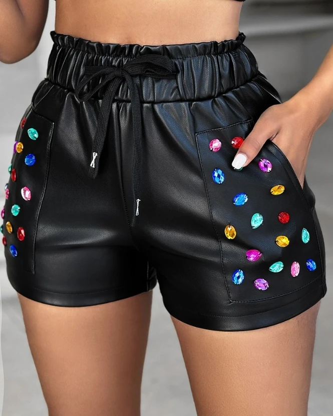 Women's Shorts 2024 Summer Colorful Rhinestone Pu Leather Shorts Pocket High Waisted Drawstring Women's Shorts Sexy